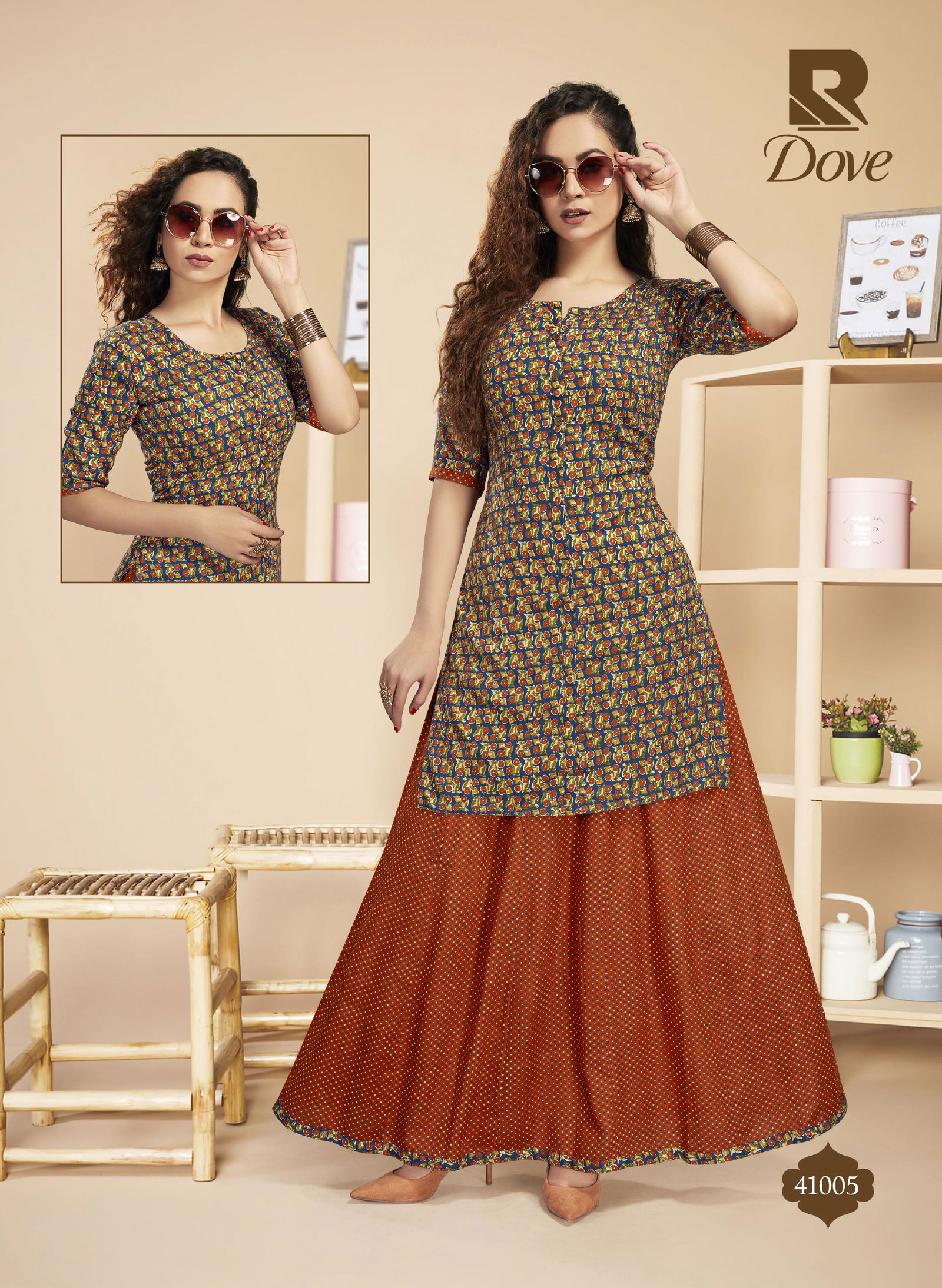 Raashi Dove Fancy Ethnic Wear Rayon Printed Kurti With Skirt Latest Collection